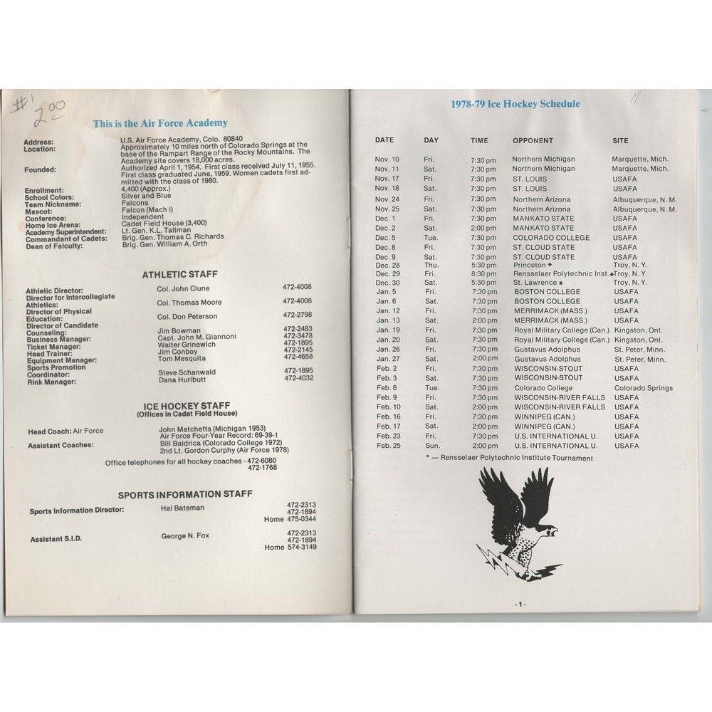 1978-1979 Air Force Academy Falcons Ice Hockey Media Guide Colorado Springs - Picture 3 of 3